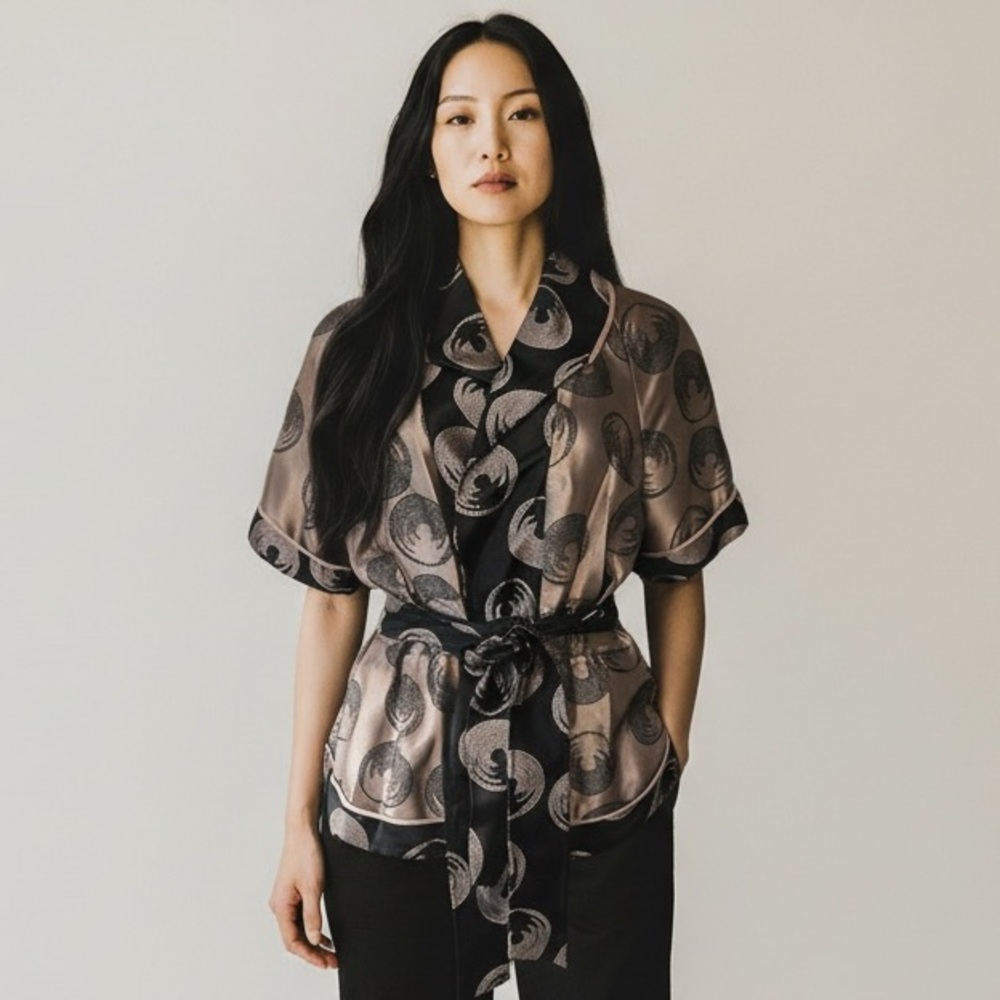 BCBGMaxAzria Black and Rosegold Geometric Print Wrap Jacket